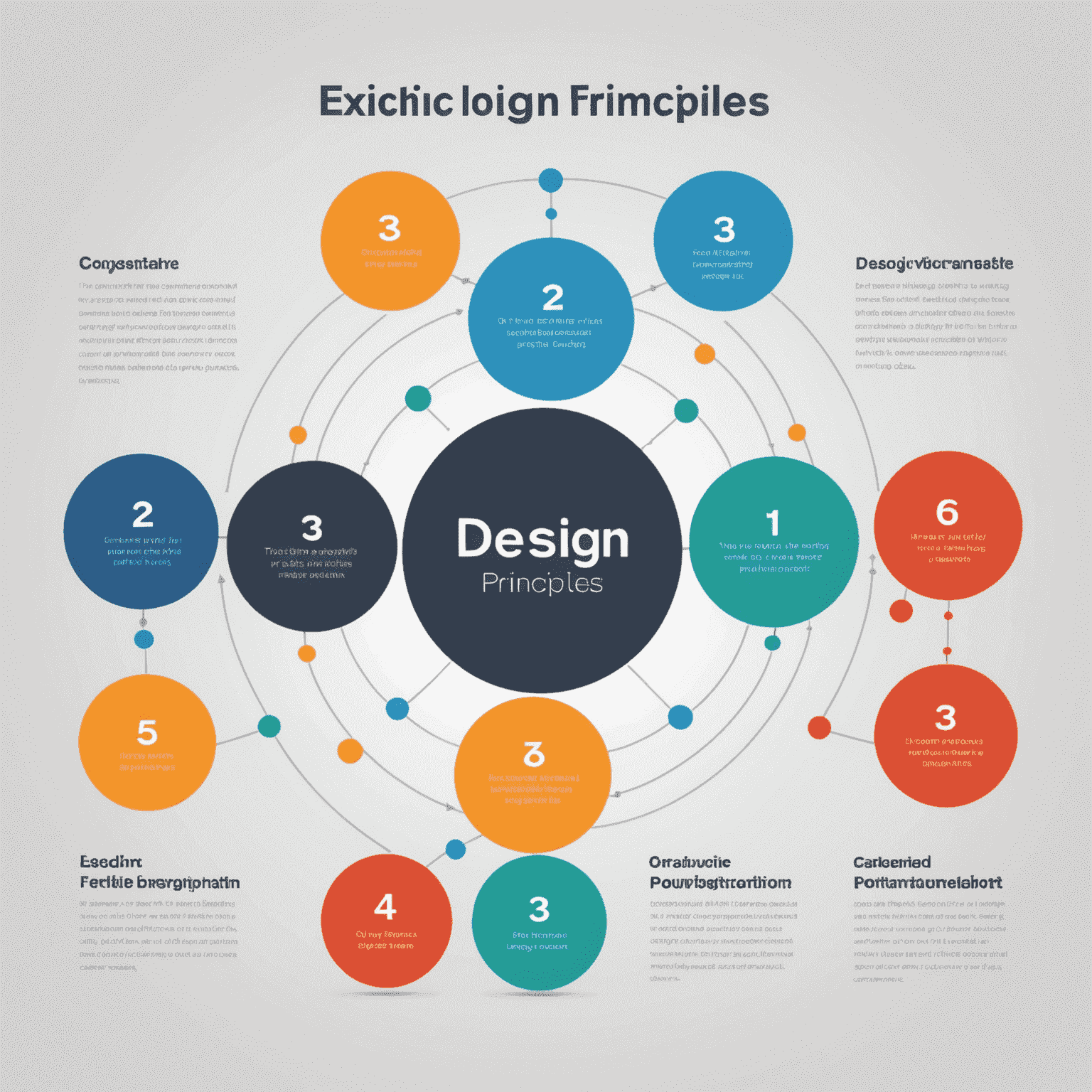 5 temel tasarım prensibini gösteren infografik. Her prensip için küçük bir örnek içeriyor: denge, kontrast, hizalama, yakınlık ve tekrar.