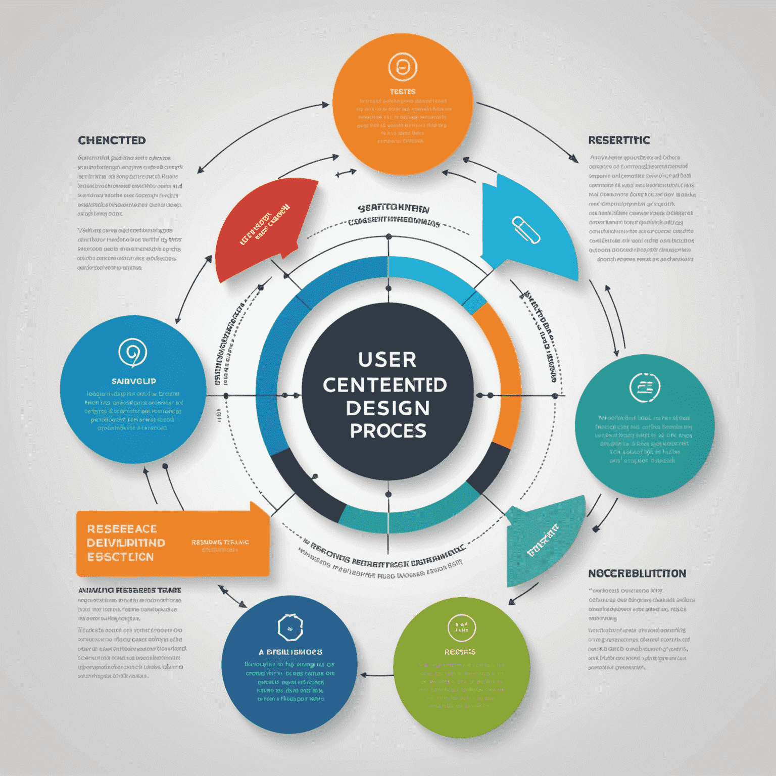 Kullanıcı merkezli tasarım sürecini gösteren infografik. Araştırma, analiz, tasarım ve test aşamalarını içeren döngüsel bir diyagram.